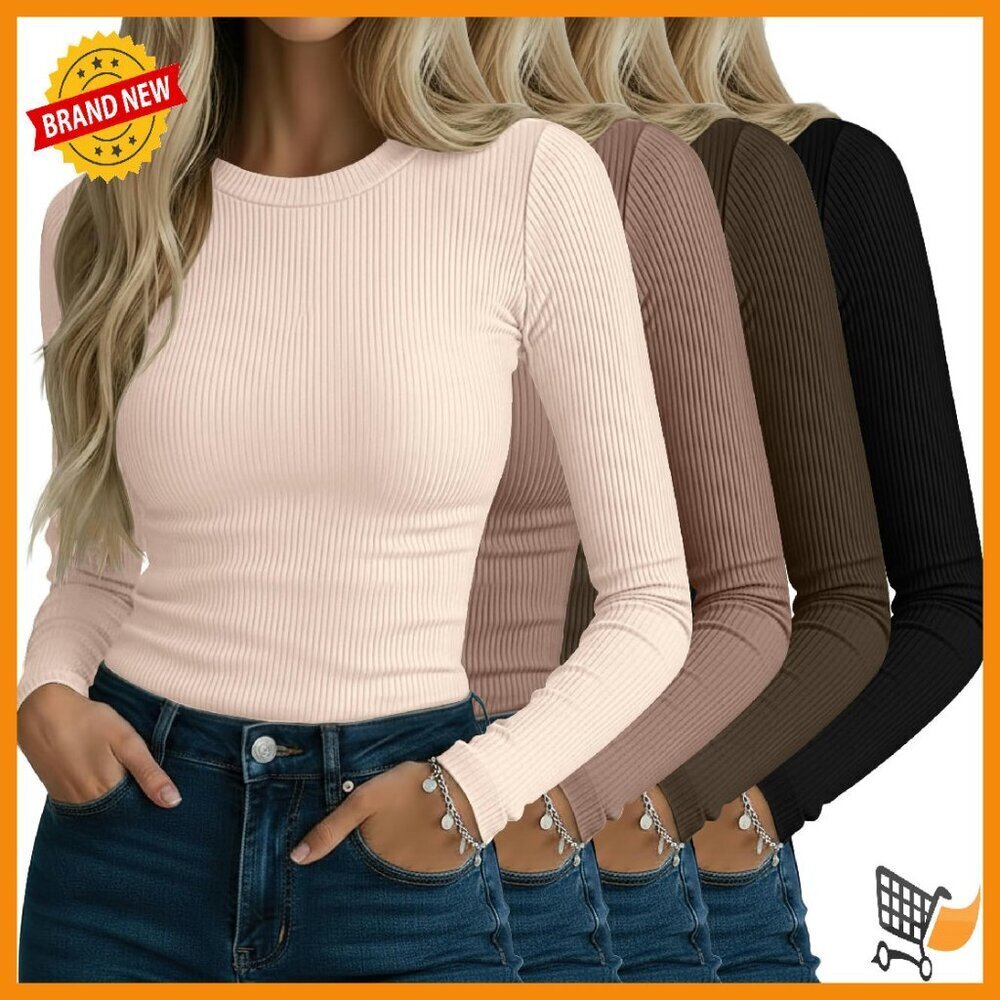 Women's Ribbed Long Sleeve Cotton Tees 4-Pack Slim Fit Stretch Knit